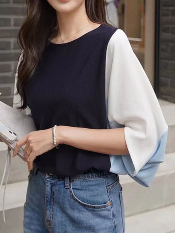 Batwing Sleeves Loose Contrast Color Split-Joint Round-Neck T-Shirts Tops
