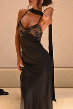 Lace Panel V-Neck Backless Cami Evening Maxi Dress