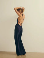 Elegantes vestidos de fiesta con escote halter, espalda descubierta y largo hasta el suelo
