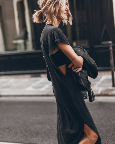 Simple and Effortless Open Sleeve Slit Oversized T-shirt Midi Dress