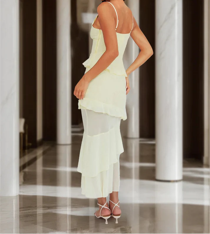 Elegantes Etuikleid/Maxikleid mit Trägern, V-Ausschnitt und Rosettenverzierung, langes Ballkleid mit Rüschen