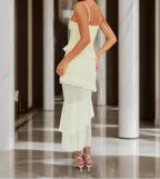 Elegantes Etuikleid/Maxikleid mit Trägern, V-Ausschnitt und Rosettenverzierung, langes Ballkleid mit Rüschen