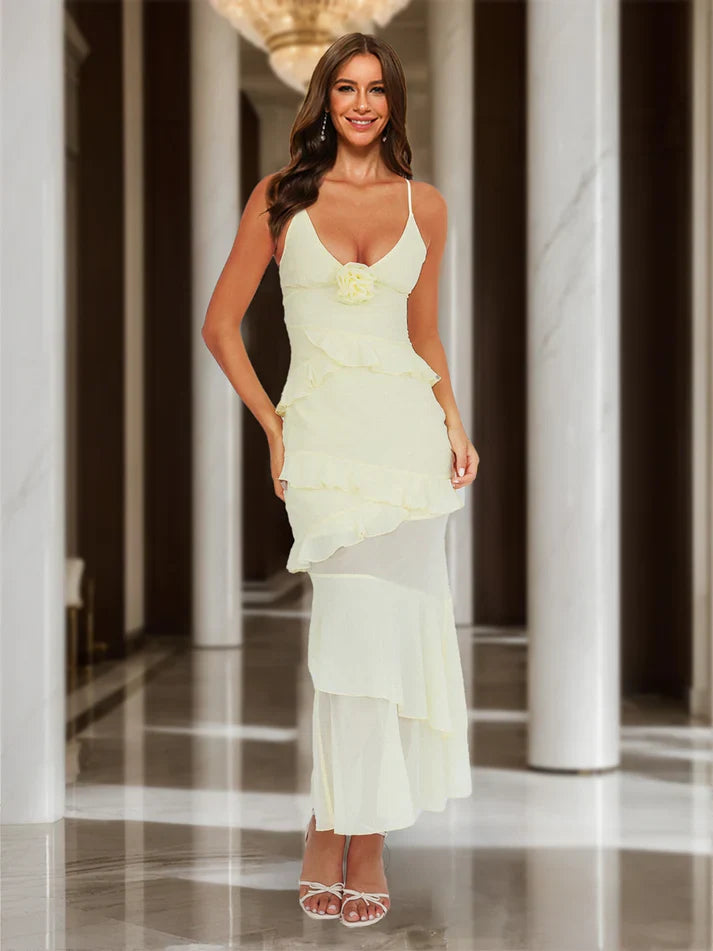 Elegantes Etuikleid/Maxikleid mit Trägern, V-Ausschnitt und Rosettenverzierung, langes Ballkleid mit Rüschen