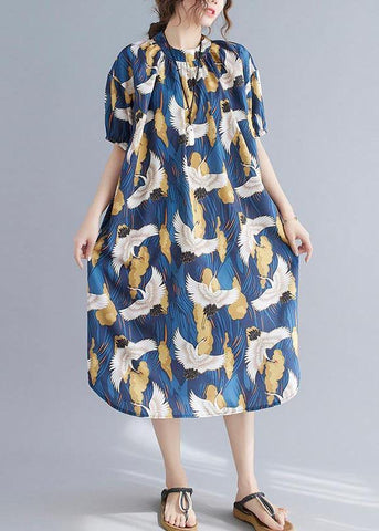 Loose Blue Print Cotton O-Neck Loose Summer Mid Dress