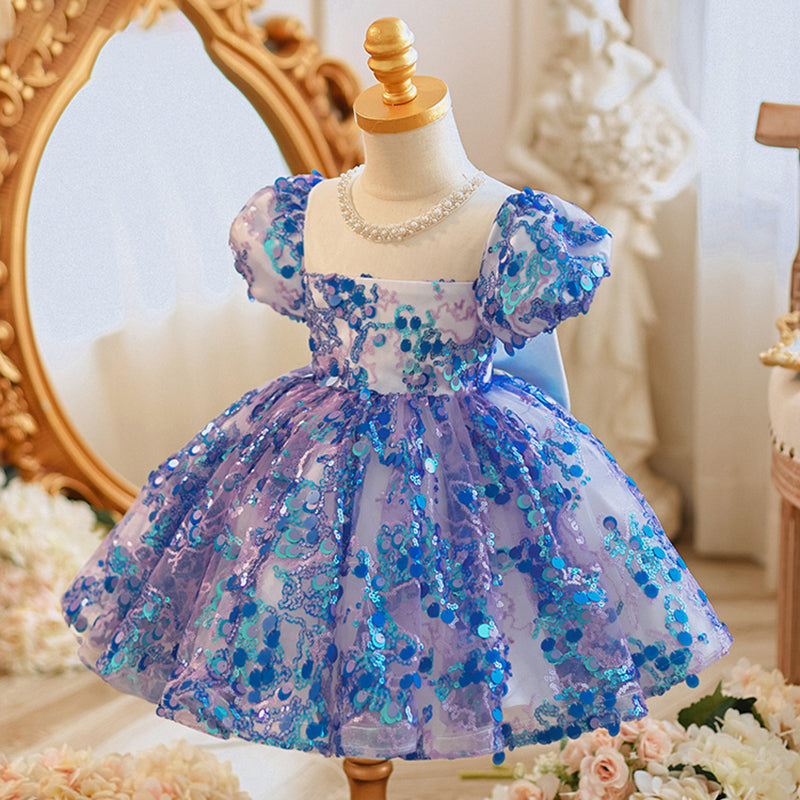 Ballkleider für Kleinkinder, Mädchen, flauschiges Kleid, blau, Pailletten, Partykleid, Kommunionskleid, Prinzessinnenkleid 