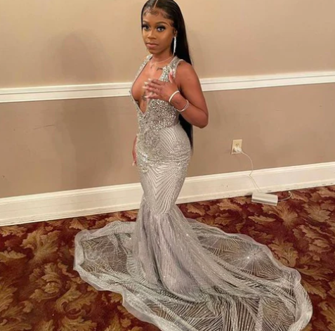 Vestidos de fiesta formales de noche y graduación con sirena y brillo plateado a la moda para mujer
