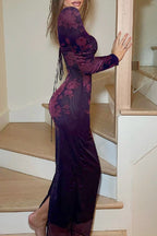 Vintage Print Lace Tie Slit Maxi Dress