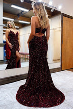 Vestido de fiesta largo de sirena con tirantes finos y lentejuelas azul real con limo