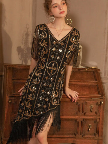 Retro Paillettenkleid V-Ausschnitt Fransen Transparente Ballkleider 
