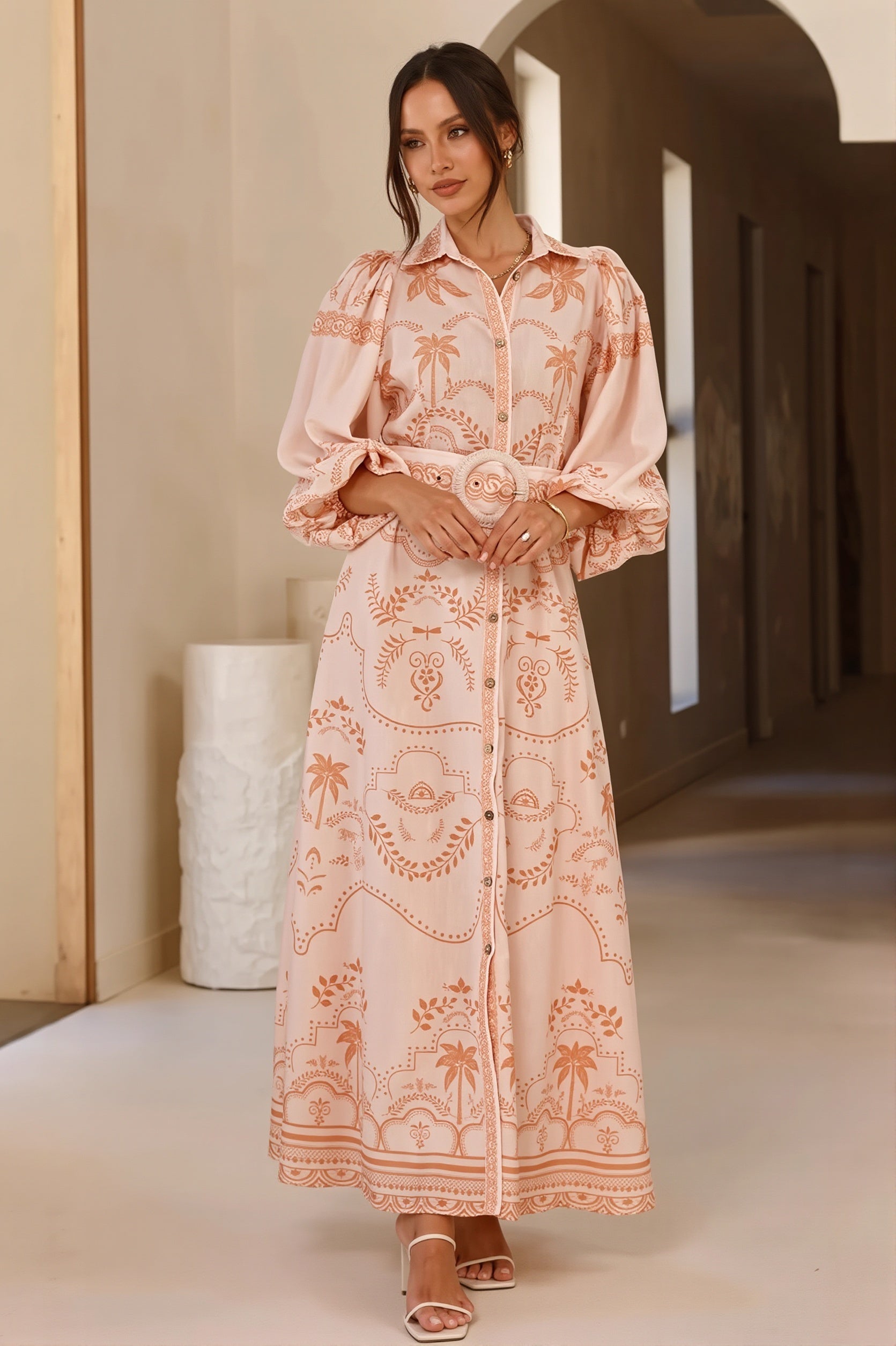 Linen Puff Sleeve Belt Loose Boho Dress