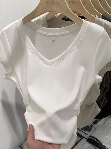 Nueva camiseta sexy de verano para mujer, camiseta elástica, ropa de estilo coreano para mujer, camiseta ajustada, camisetas de manga corta ajustadas para mujer 