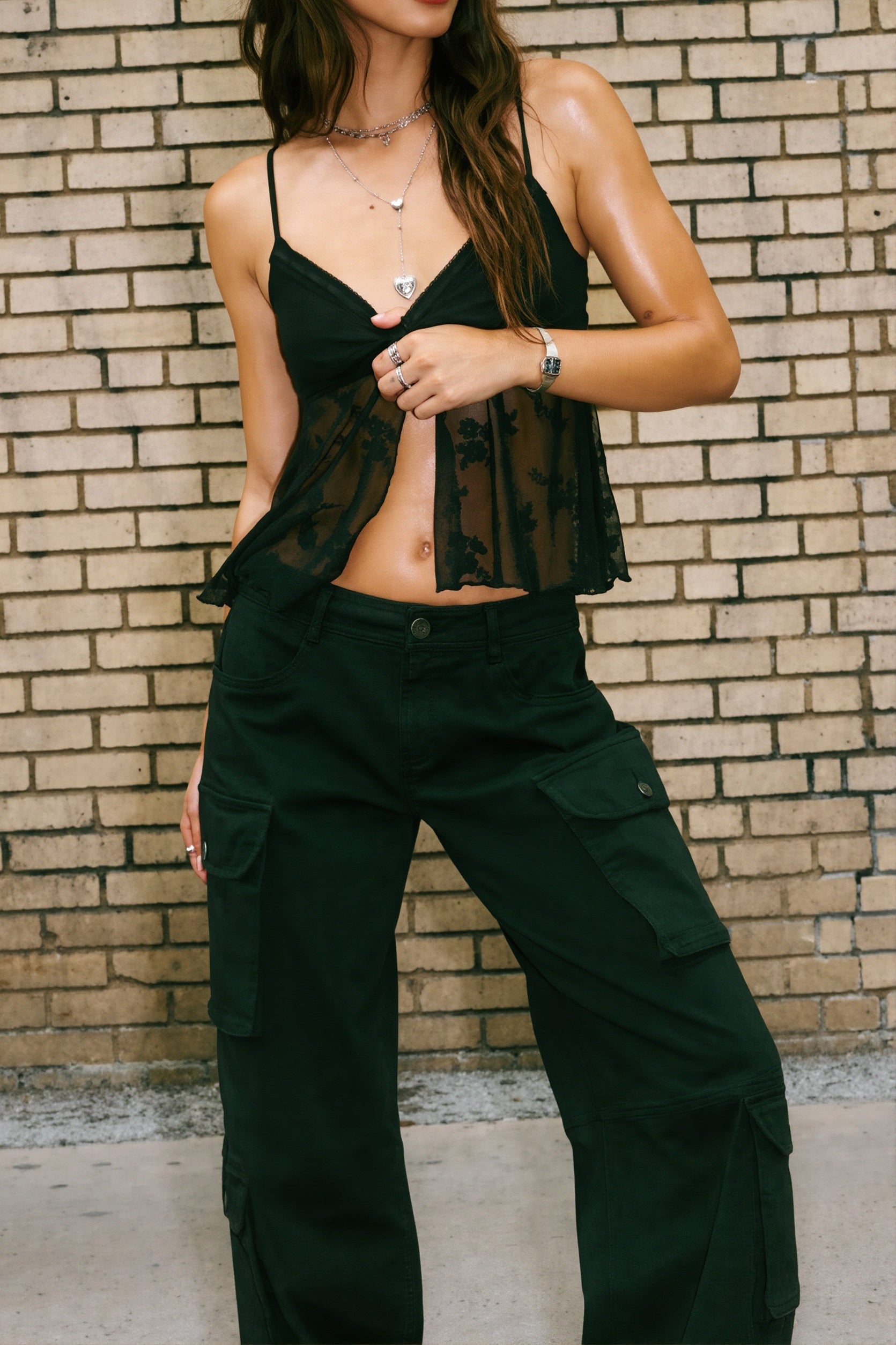 Sheer Jacquard Mesh Slit Cami Top