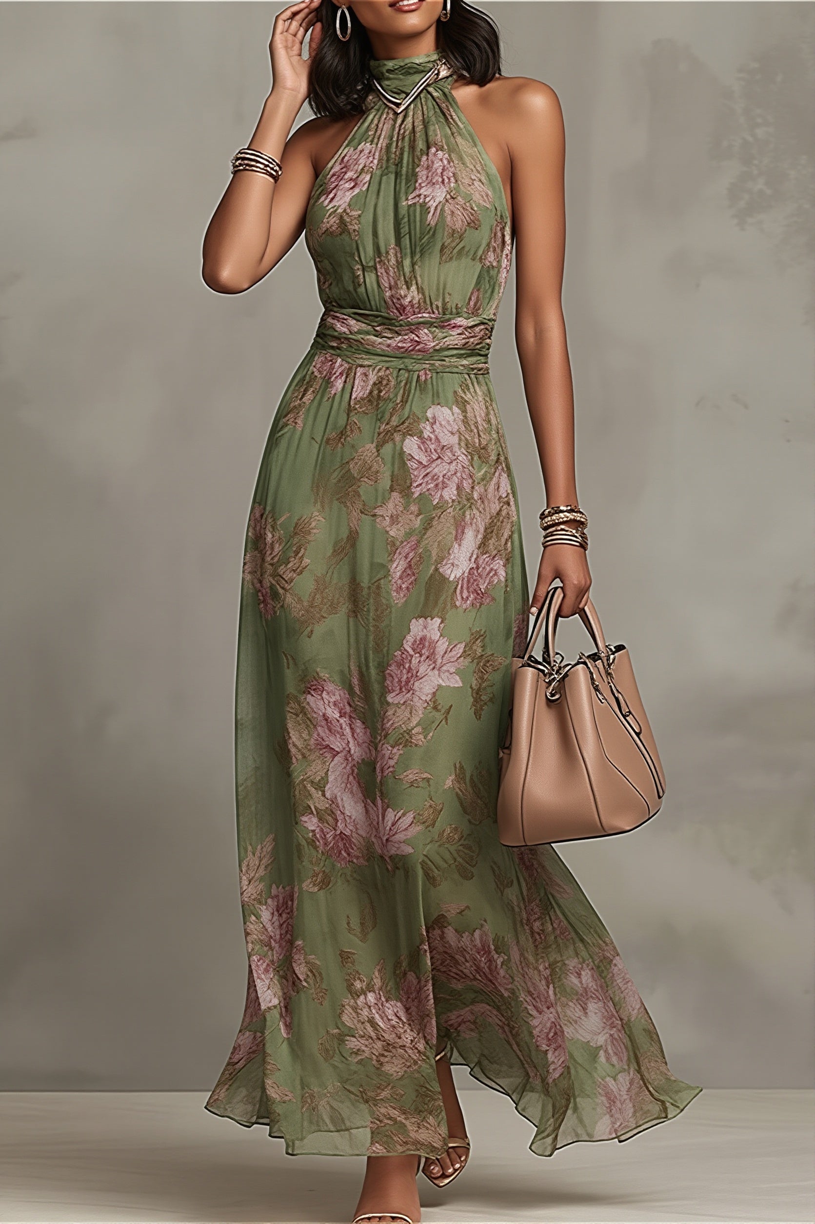 Light Elegant Halter Floral Maxi Dress