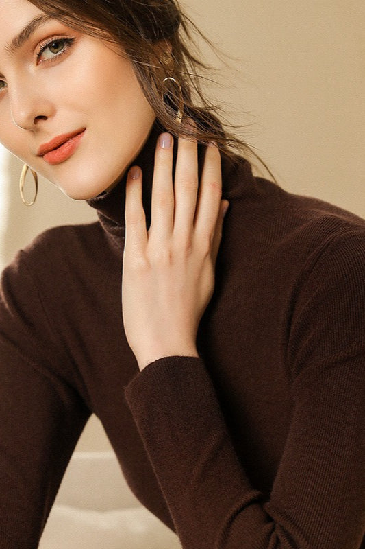 Ribbed Turtleneck Long-Sleeve Slim Stretch Knit Top