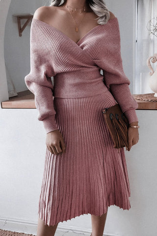 Vestido midi de dos piezas con hombros descubiertos y tejido de canalé de lúrex metalizado - Rosa polvoriento 