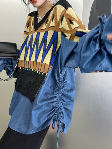 False Two Long Sleeves Drawstring Split-Joint V-Neck Sweater