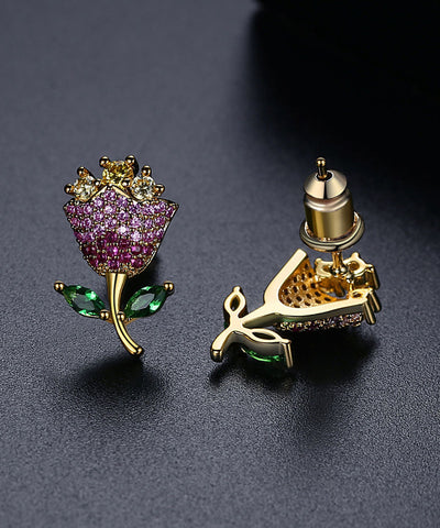 Pendientes de cobre con circonita rosa multicolor de moda 