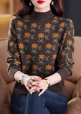 Jacquard Kaffee Rollkragen Gemütliche Strickpullover Frühling 