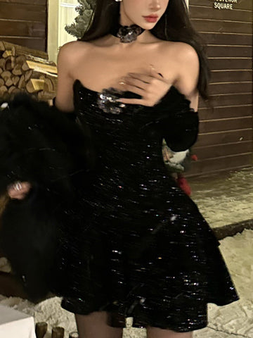 Minivestido de terciopelo Y2K para mujer, sin tirantes, con gargantilla, sexy, ajustado, con capas y volantes, corte A, para fiesta de cumpleaños, noche, graduación 