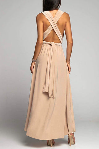 Vestido de fiesta largo Meridress con escote en V, sin mangas, espalda cruzada y abertura alta