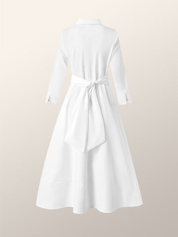 Elegante vestido midi de corte A con mangas largas, plisado y solapa en color liso 