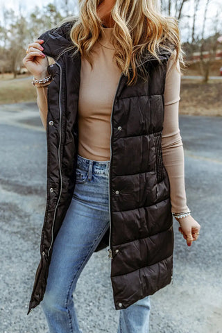 chic black quilted hooded vest coat