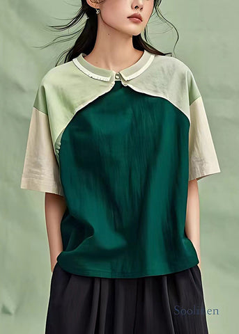 Pre sale - shipping in 30 days/Natural Dull Green Oversized Patchwork Cotton Blouse Top Summer