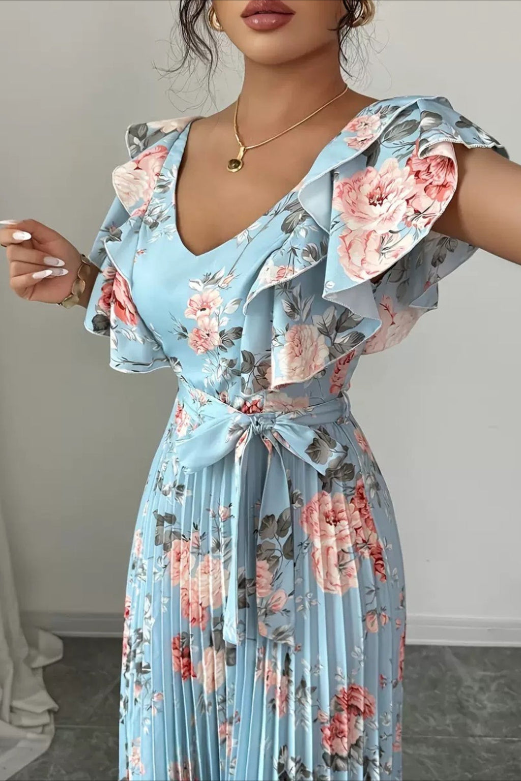 Floral Print Ruffle Sleeve V Neck Pleated Elegant Maxi Dress