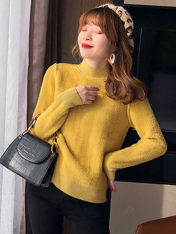 Taruxy Thickened Slim Sweater Women's Autumn Winter Mid Collar Half High Collar Knitting Pullovers Casual Warm Underlay Sweaters