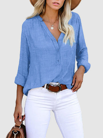 Long Sleeves Loose Buttoned Pockets Solid Color V-Neck Blouses&Shirts Tops