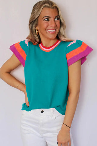 turquoise flutter sleeve knitted sweater