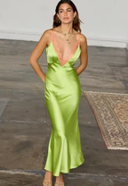 Chic Spaghetti Strap Satin Lace Patchwork Long Dress Elegant Bodycon Backless Party Club Evening Dress Holiday Beachwear
