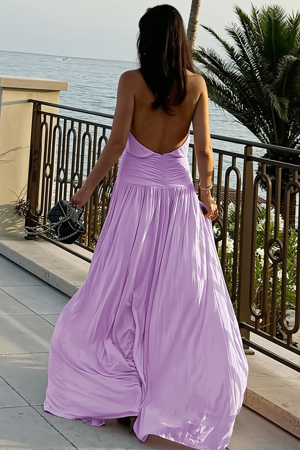 Chic Solid Ruched Halter Backless Side Slit Maxi Dress