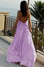 Chic Solid Ruched Halter Backless Side Slit Maxi Dress