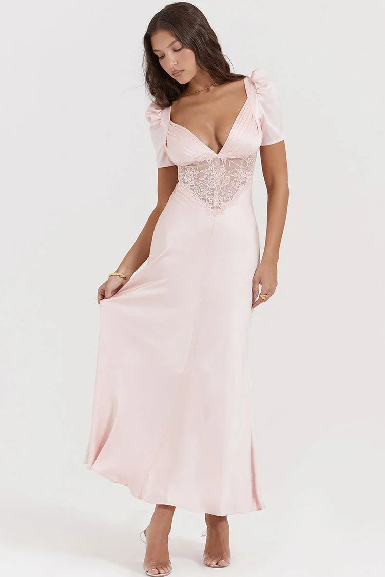 Vestido largo de noche elegante de satén sedoso, plisado, con escote en V profundo y mangas abullonadas con encaje y cola de pez