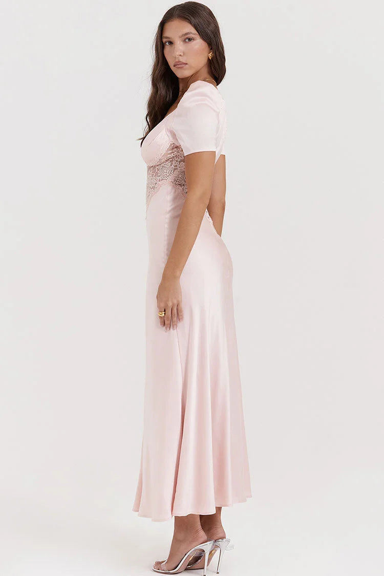 Vestido largo de noche elegante de satén sedoso, plisado, con escote en V profundo y mangas abullonadas con encaje y cola de pez