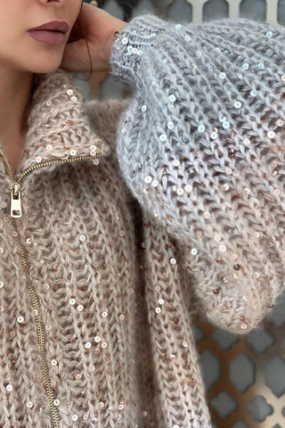 Warme, glänzende Herz-Strickjacke mit Pailletten, Ballonärmeln, Reißverschluss am Hals und lockerem Schnitt 