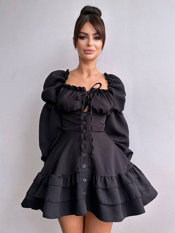 Minikleider Schwarzes Langarm-Plissee-Polyester-Kurzkleid für Damen 