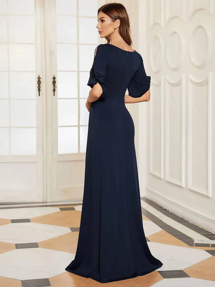 Vestido de invitada de boda ajustado, moderno, con cuello redondo y mangas