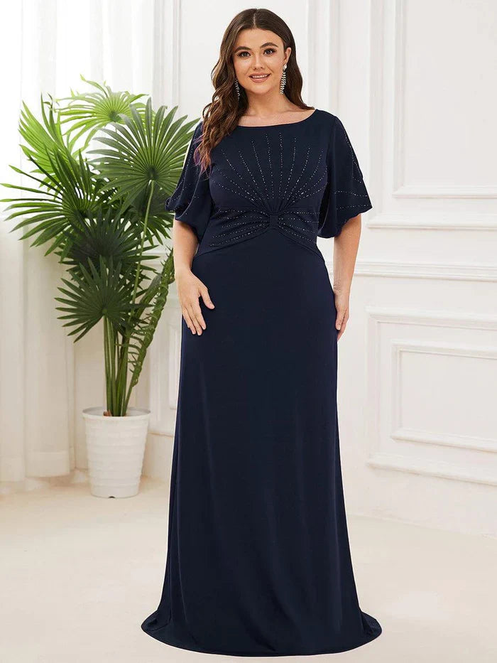 Vestido de invitada de boda ajustado, moderno, con cuello redondo y mangas