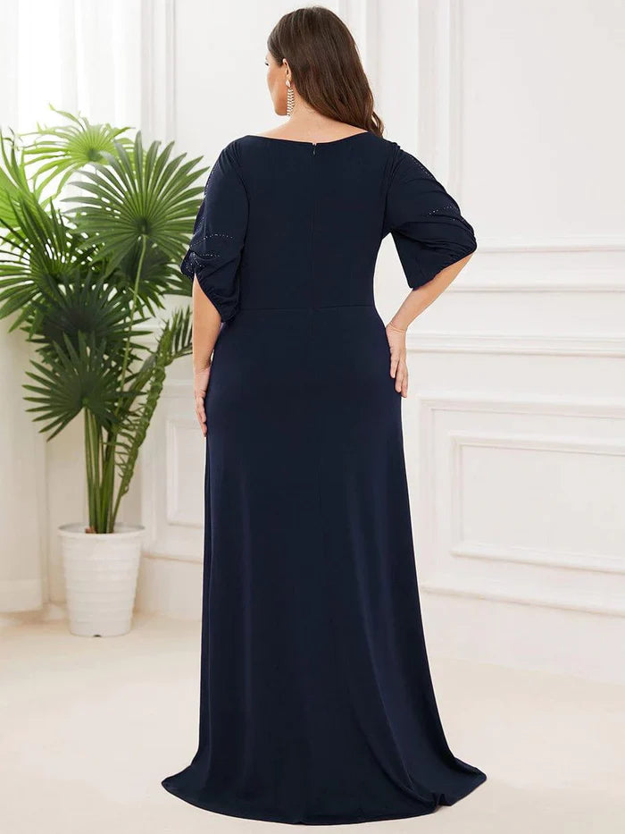 Vestido de invitada de boda ajustado, moderno, con cuello redondo y mangas