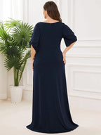 Vestido de invitada de boda ajustado, moderno, con cuello redondo y mangas