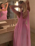 Elegant tube top Scarf Collar Mesh Pink Maxi Dress Prom Dresses
