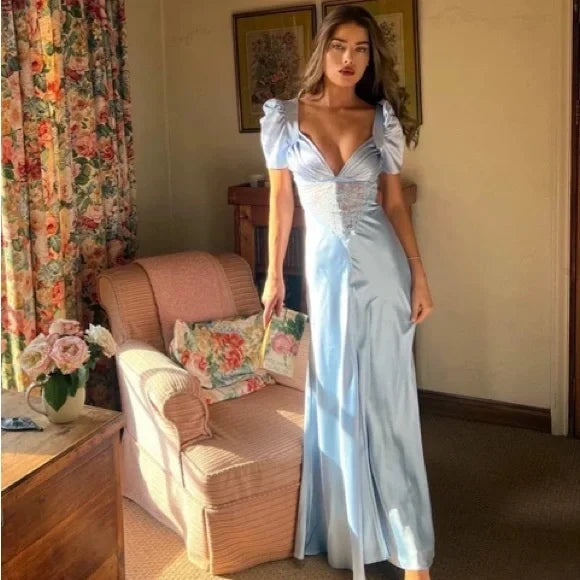Soft Pure Short Sleeve Silk & Lace Dress Prom Dresses