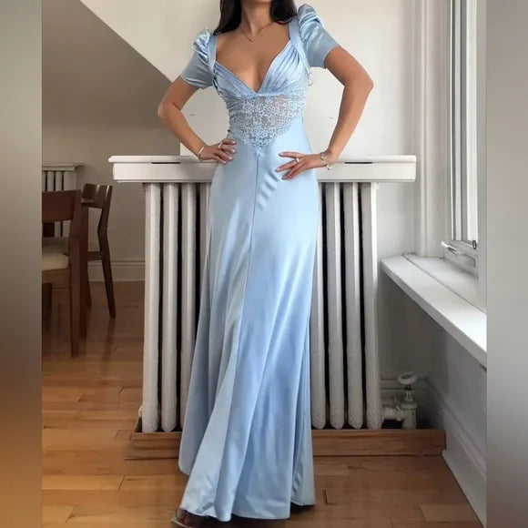 Soft Pure Short Sleeve Silk & Lace Dress Prom Dresses