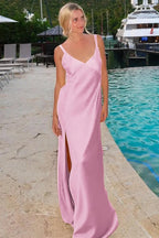 Minimalist Spaghetti Straps Backless Sheath V-Neck Tie-Back Maxi Dress with Slit