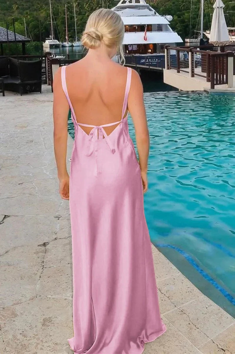Minimalist Spaghetti Straps Backless Sheath V-Neck Tie-Back Maxi Dress with Slit