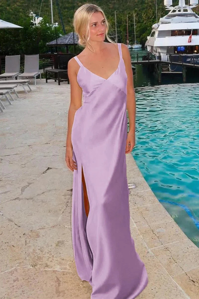 Minimalist Spaghetti Straps Backless Sheath V-Neck Tie-Back Maxi Dress with Slit