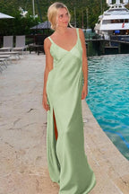 Minimalist Spaghetti Straps Backless Sheath V-Neck Tie-Back Maxi Dress with Slit