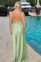 Minimalist Spaghetti Straps Backless Sheath V-Neck Tie-Back Maxi Dress with Slit